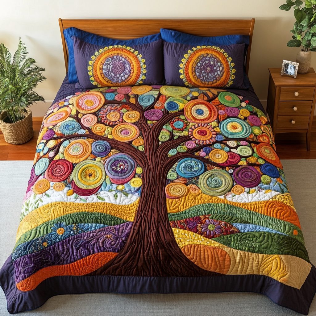Petal Pathway quilted 3-piece bedding set on a made bed with two matching pillow shams