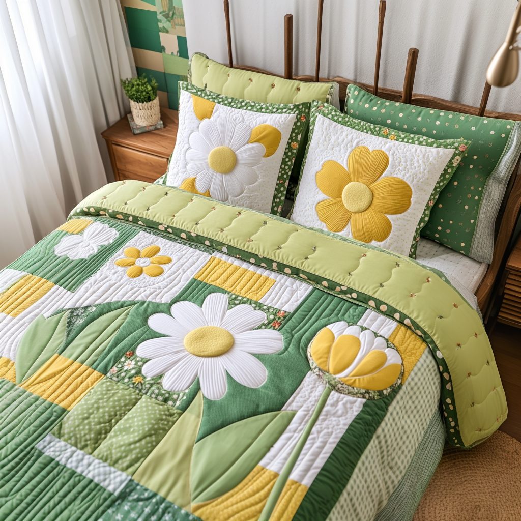 Petal Peace quilted 3-piece bedding set on a made bed with two matching pillow shams