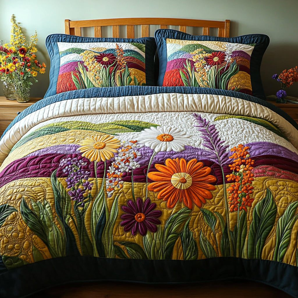 Petal Valley quilted 3-piece bedding set on a made bed with two matching pillow shams