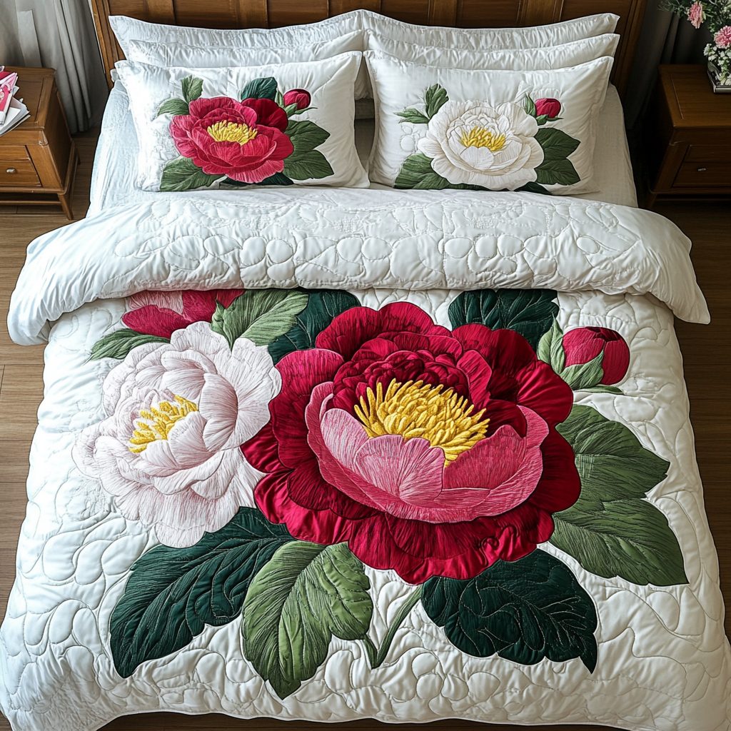 Petal Whisper quilted 3-piece bedding set on a made bed with two matching pillow shams