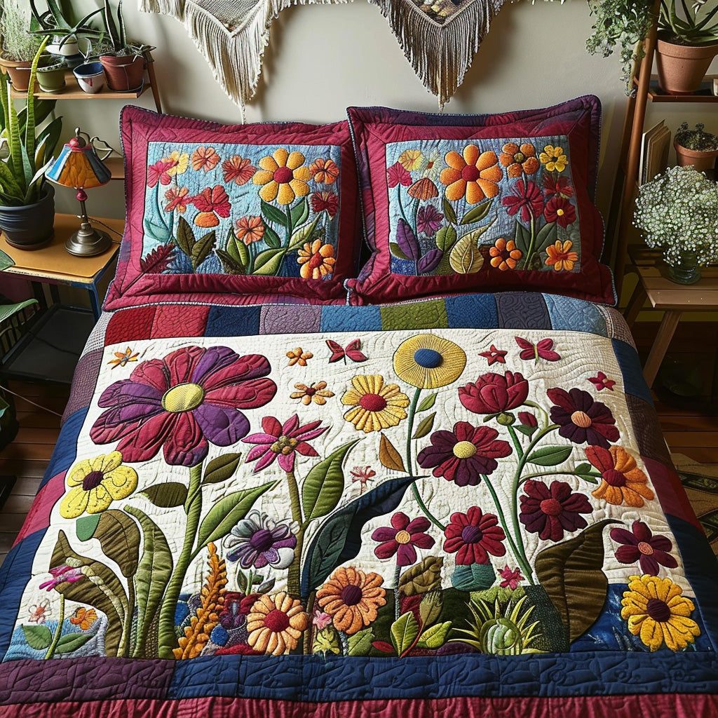 Petal Wind quilted 3-piece bedding set on a made bed with two matching pillow shams