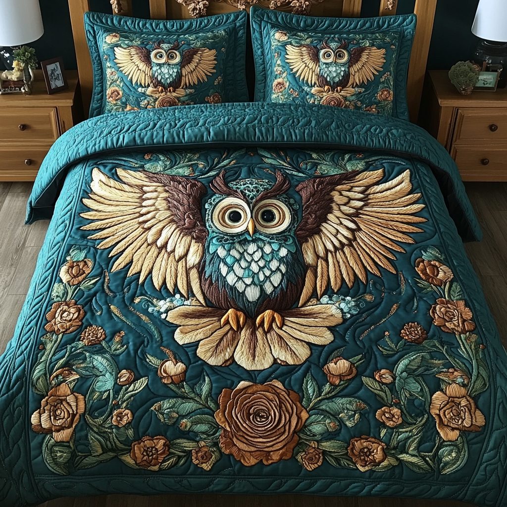 Petal Wings quilted 3-piece bedding set on a made bed with two matching pillow shams