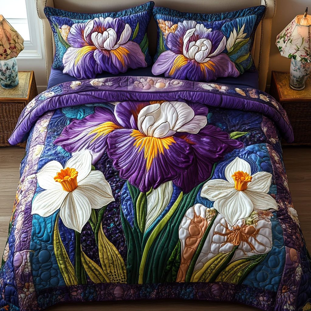 Petals of Light quilted 3-piece bedding set on a made bed with two matching pillow shams