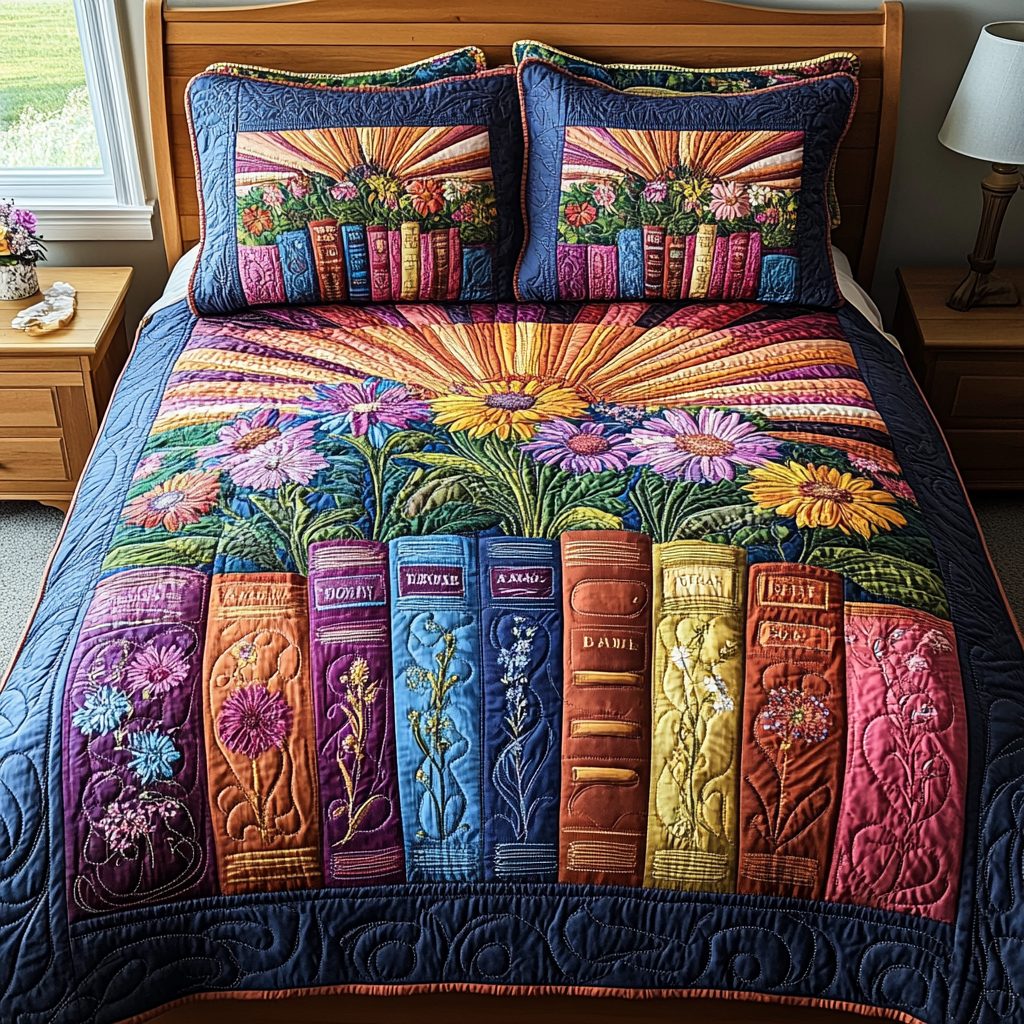 Petals Prose quilted 3-piece bedding set on a made bed with two matching pillow shams