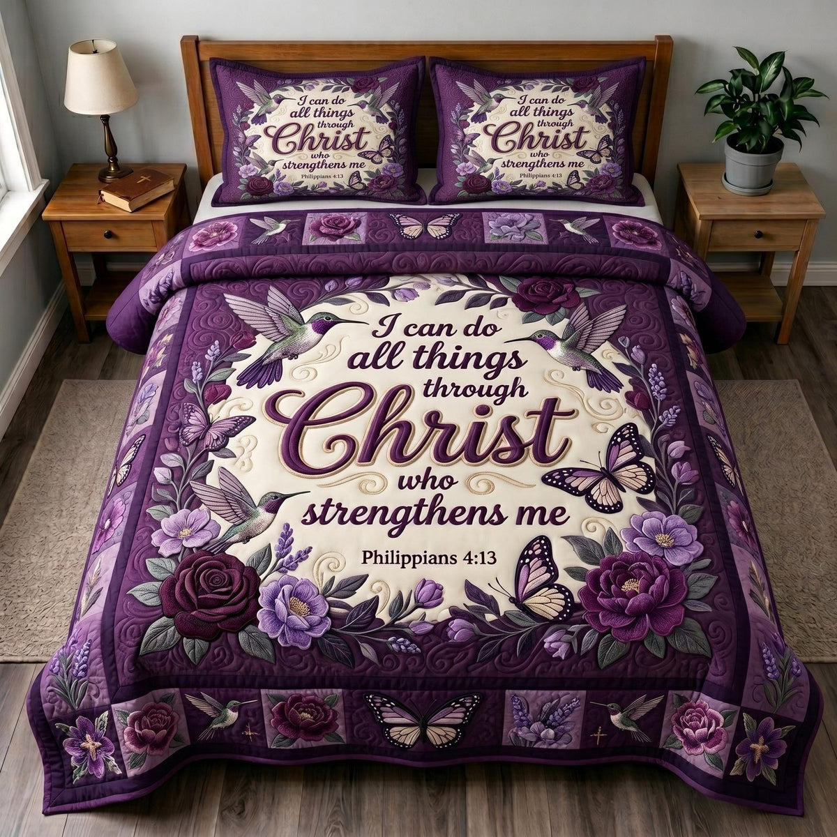 Philippians 413 quilted 3-piece bedding set on a made bed with two matching pillow shams