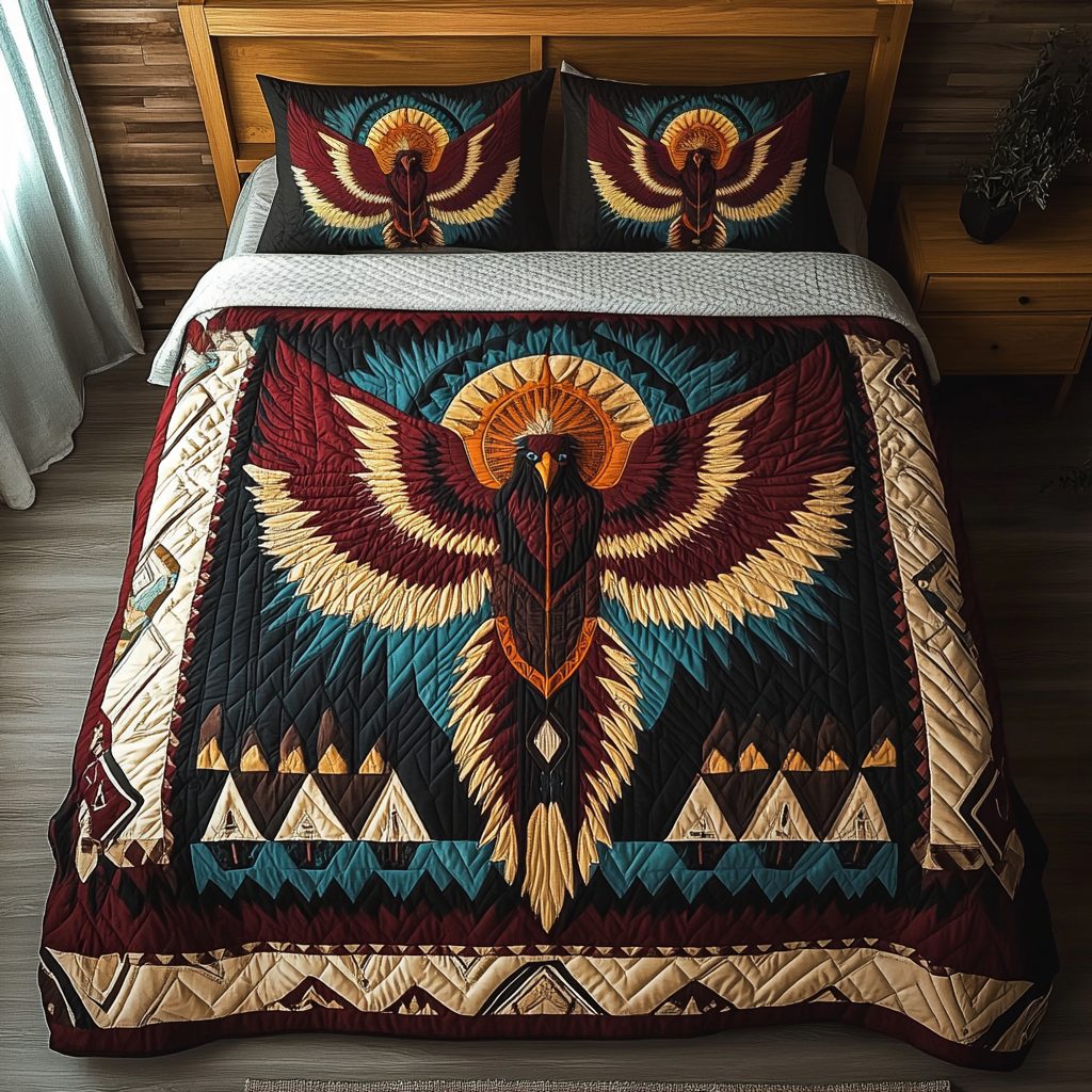 Phoenix Rising quilted 3-piece bedding set on a made bed with two matching pillow shams