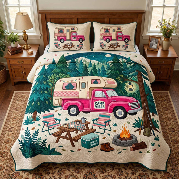 Pickup Camp quilted 3-piece bedding set on a made bed with two matching pillow shams