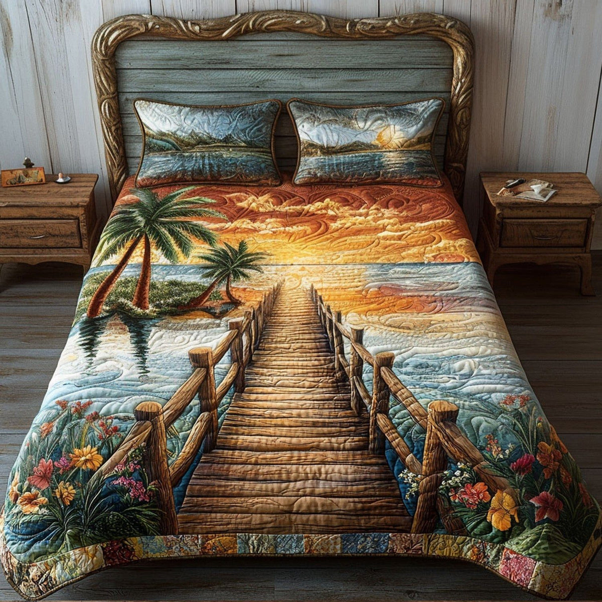 Pier to Paradise quilted 3-piece bedding set on a made bed with two matching pillow shams