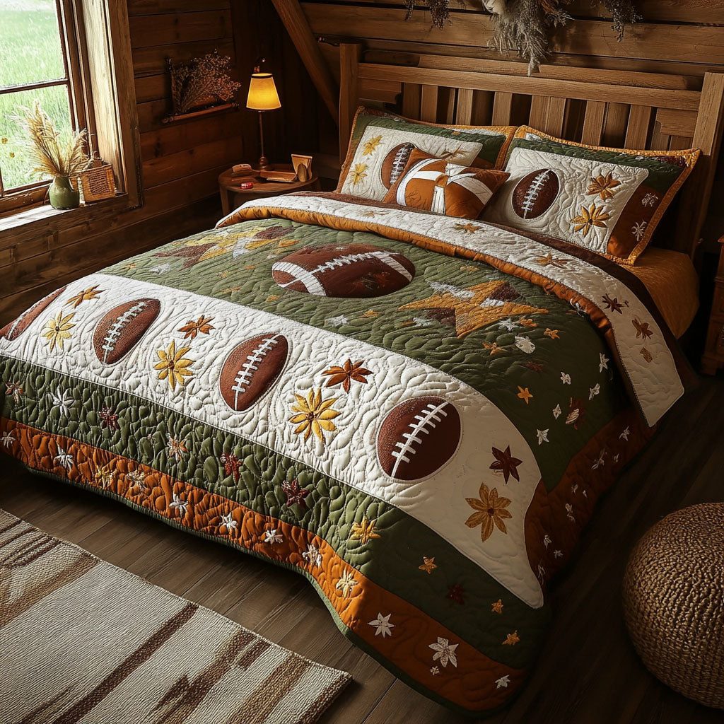 Pigskin Paradise quilted 3-piece bedding set on a made bed with two matching pillow shams