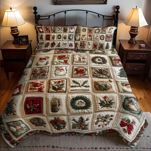 Pine Charm quilted 3-piece bedding set on a made bed with two matching pillow shams