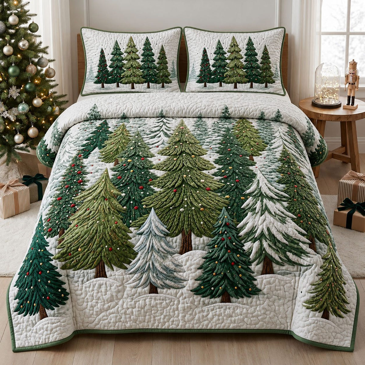 Pine Forest quilted 3-piece bedding set on a made bed with two matching pillow shams