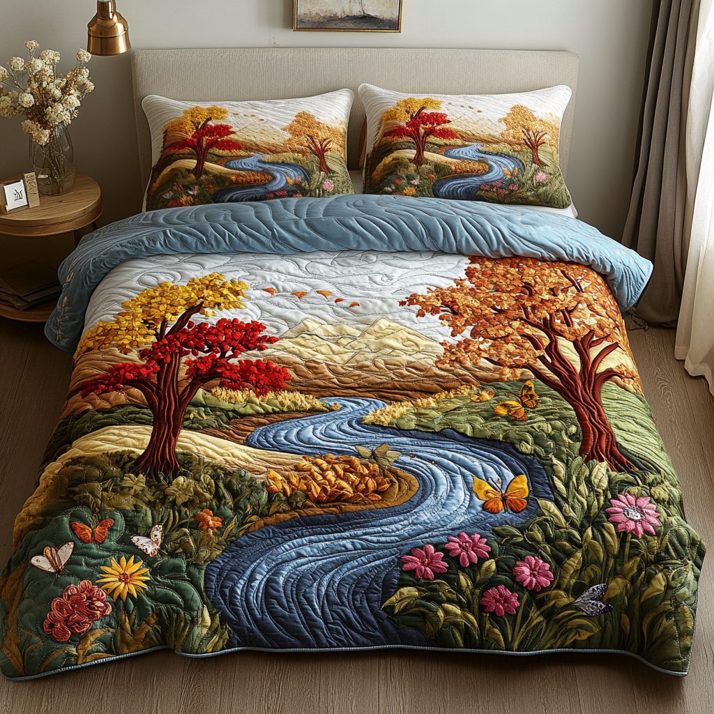 Pine Haven quilted 3-piece bedding set on a made bed with two matching pillow shams