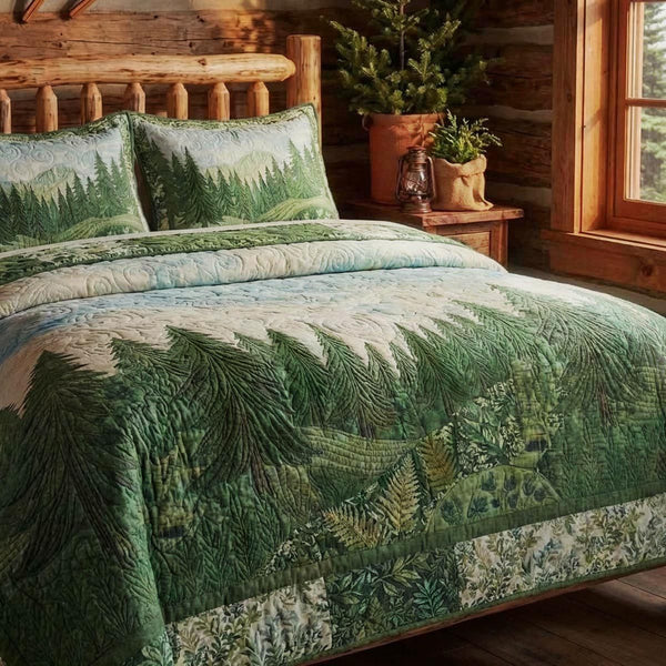 Pine Ridge quilted 3-piece bedding set on a made bed with two matching pillow shams