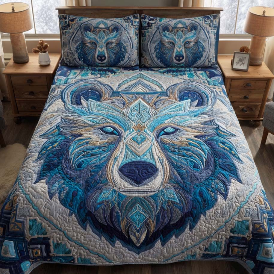 Pine Stalker quilted 3-piece bedding set on a made bed with two matching pillow shams