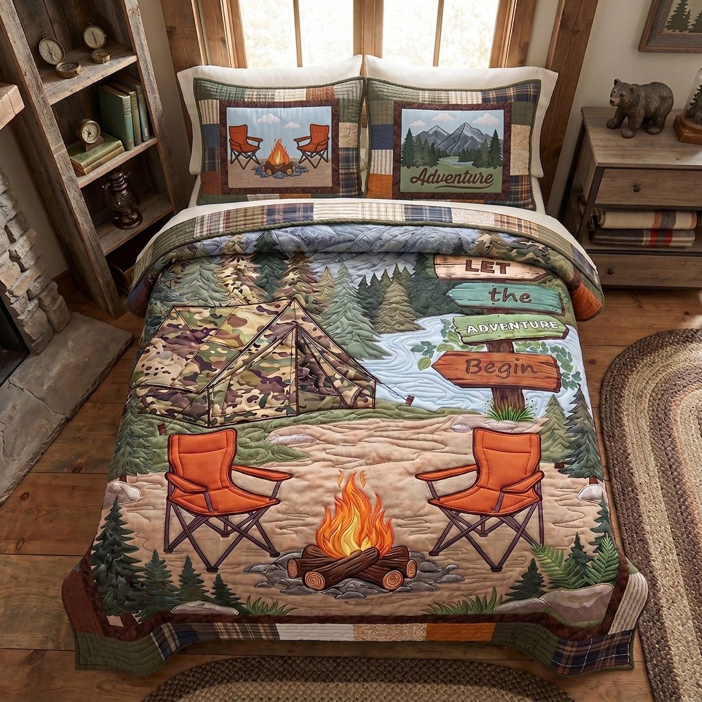 Pine Valley Peace quilted 3-piece bedding set on a made bed with two matching pillow shams
