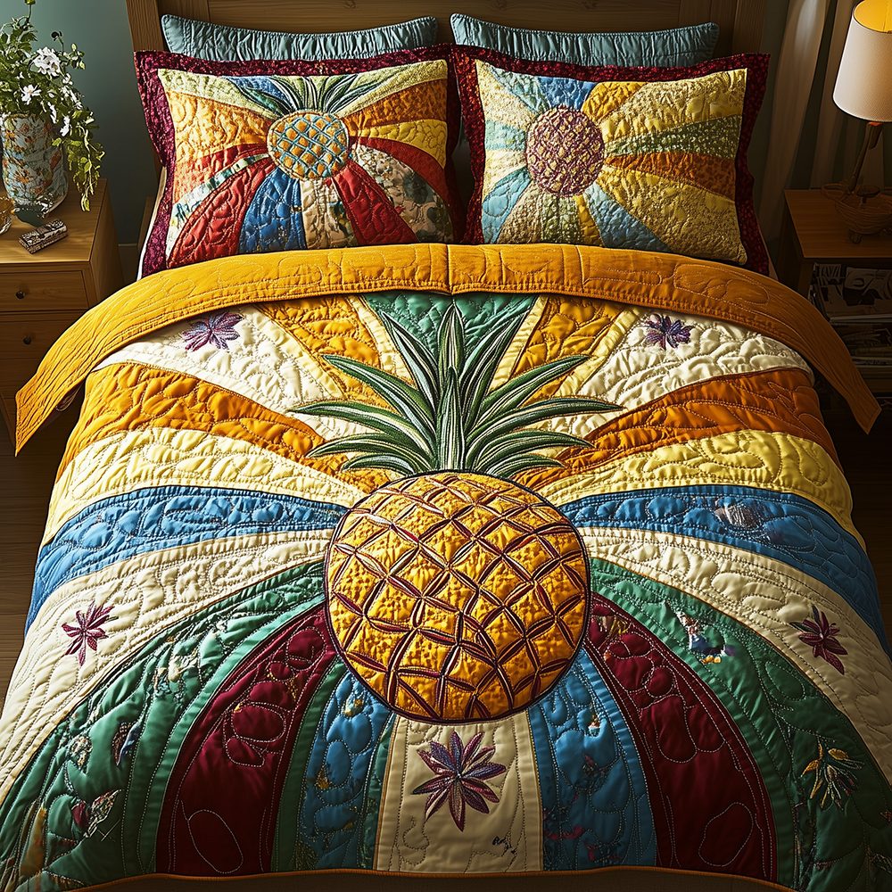 Pineapple quilted 3-piece bedding set on a made bed with two matching pillow shams