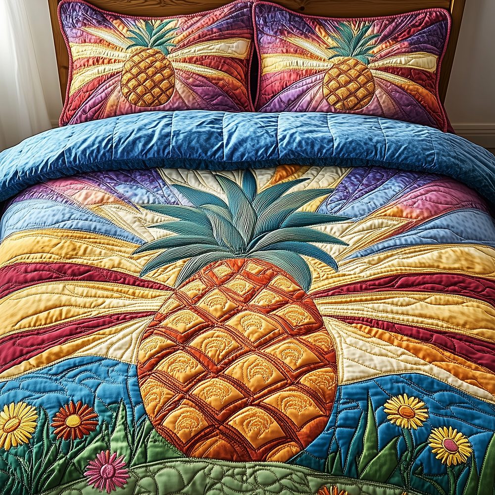 Pineapple quilted 3-piece bedding set on a made bed with two matching pillow shams