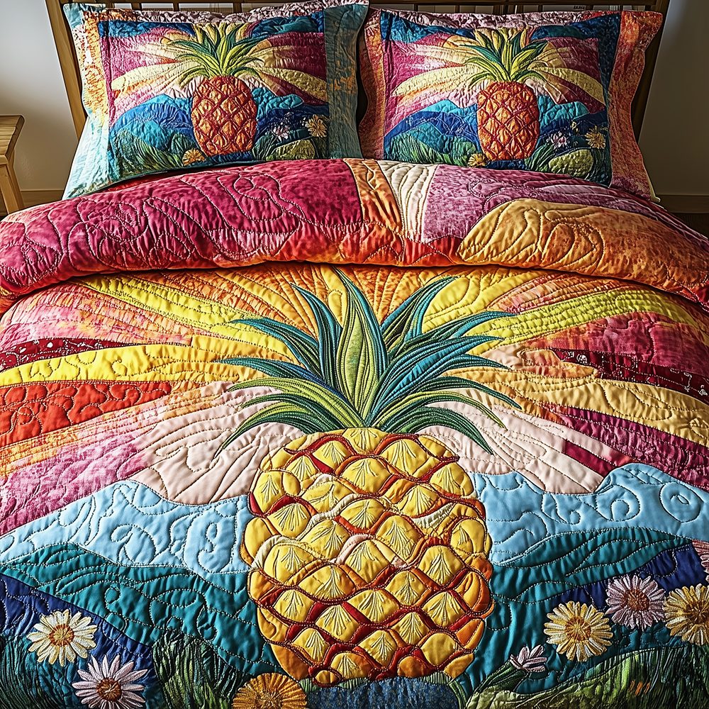 Pineapple quilted 3-piece bedding set on a made bed with two matching pillow shams