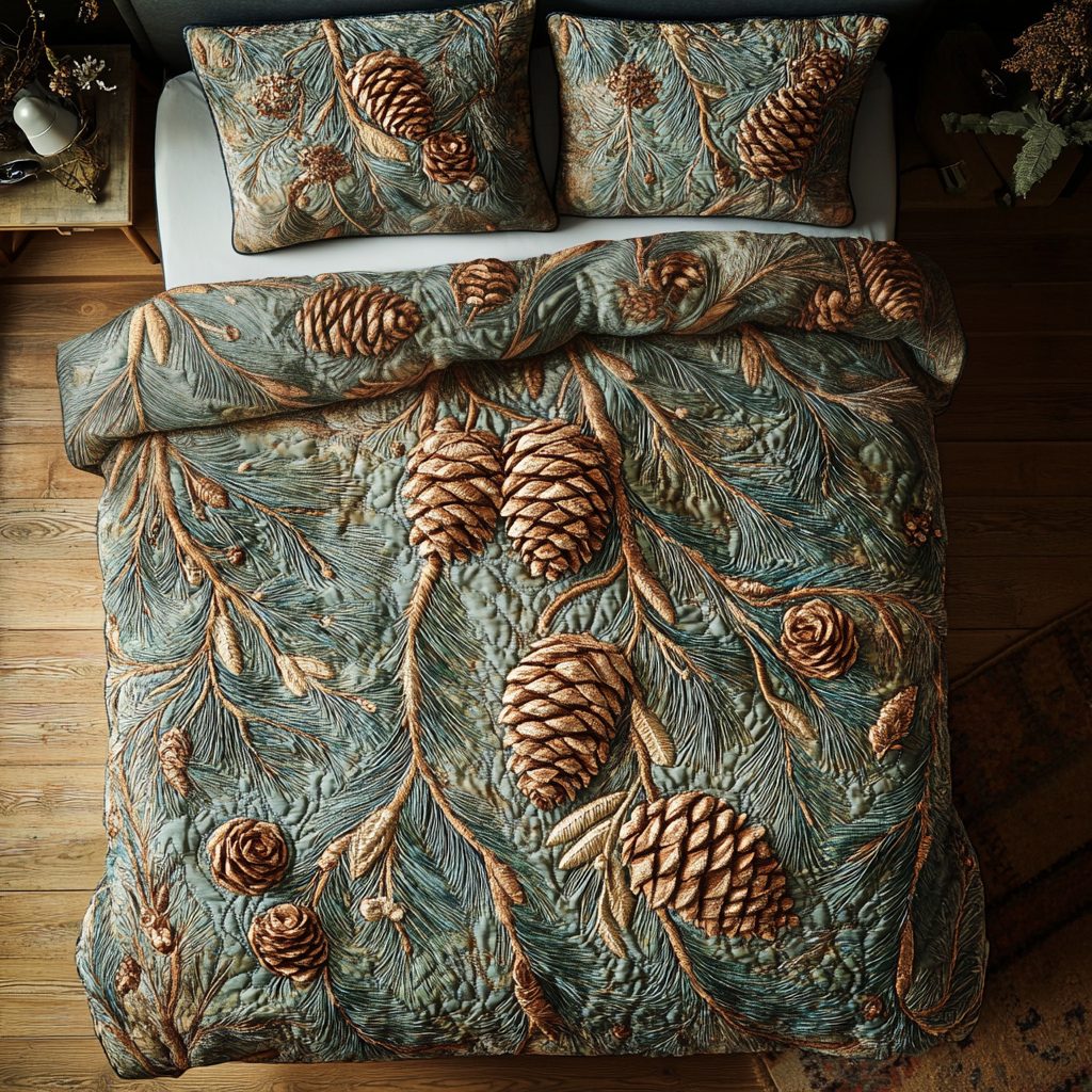 Pinecone Forest quilted 3-piece bedding set on a made bed with two matching pillow shams
