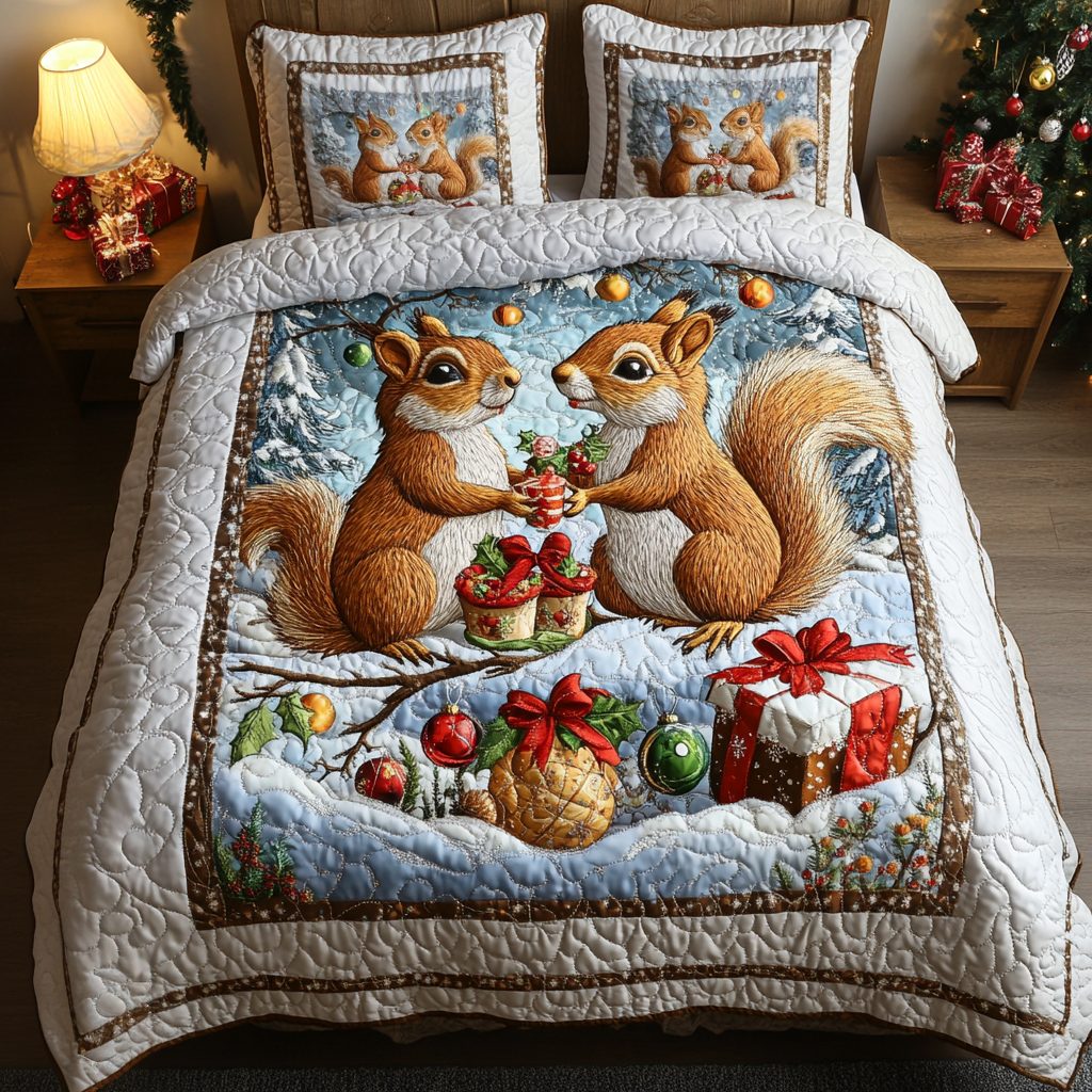Pinecone Pals quilted 3-piece bedding set on a made bed with two matching pillow shams