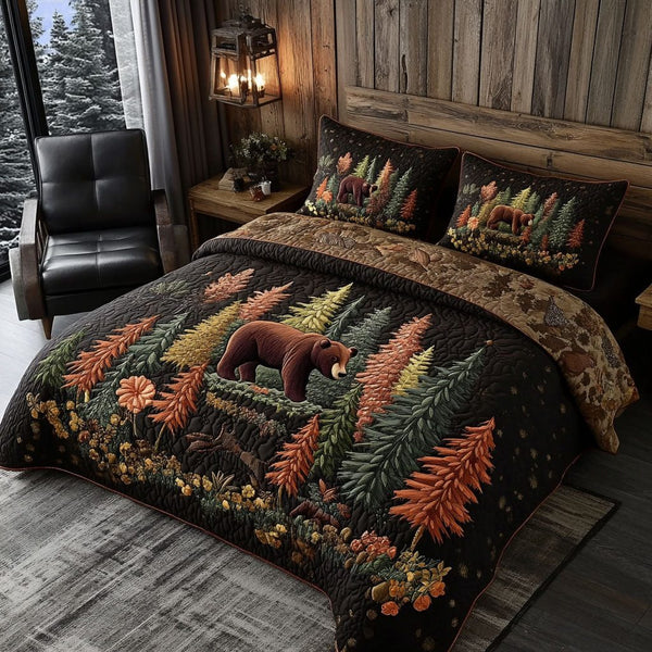 Pinewood Path quilted 3-piece bedding set on a made bed with two matching pillow shams