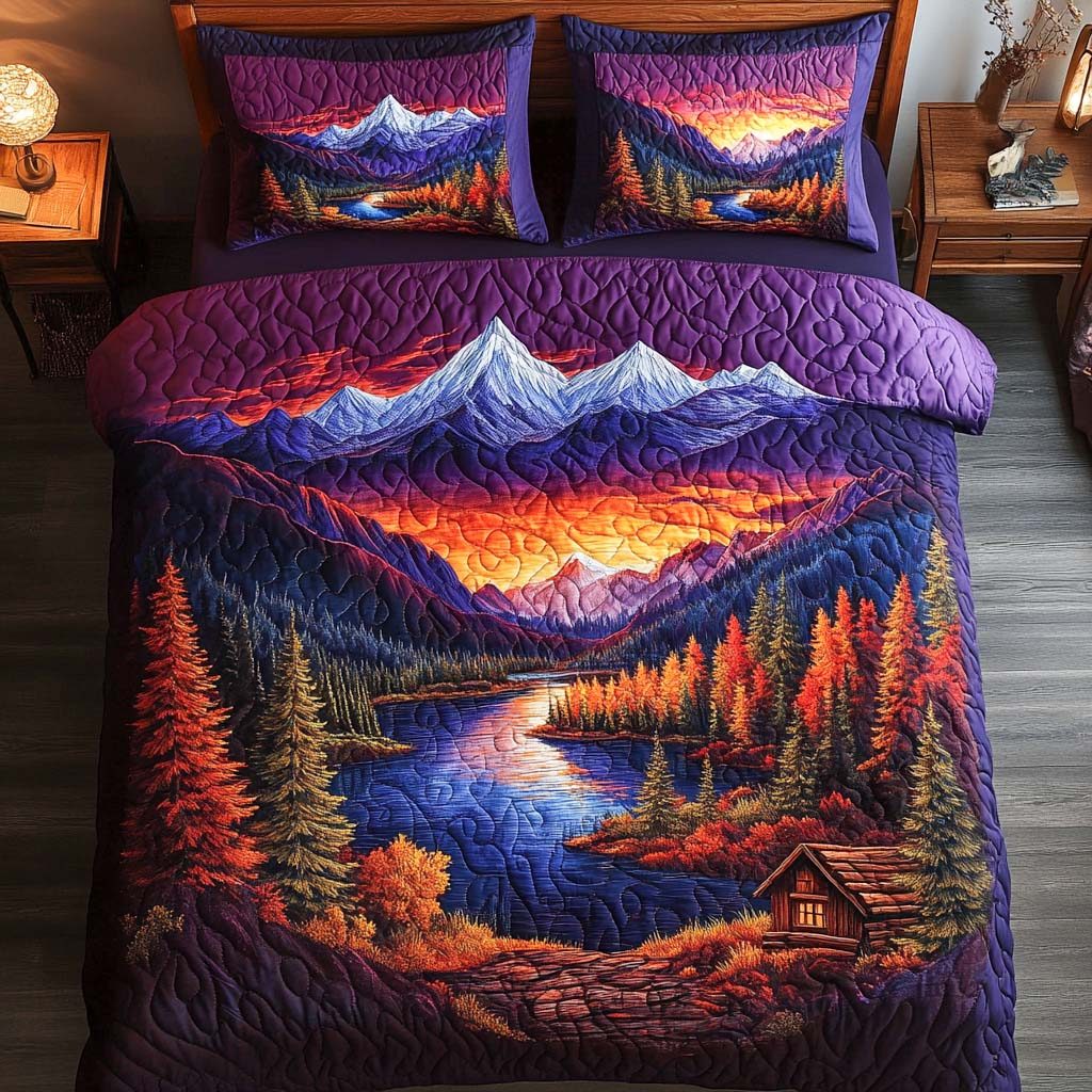 Pinewood Spirit quilted 3-piece bedding set on a made bed with two matching pillow shams