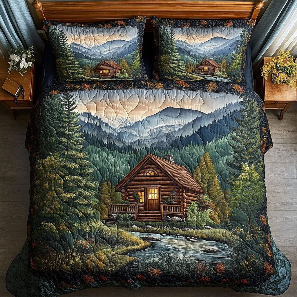 Piney Ridge quilted 3-piece bedding set on a made bed with two matching pillow shams