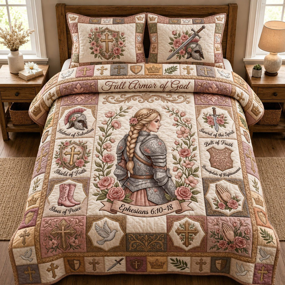 Pink Armor Of God quilted 3-piece bedding set on a made bed in a softly lit bedroom