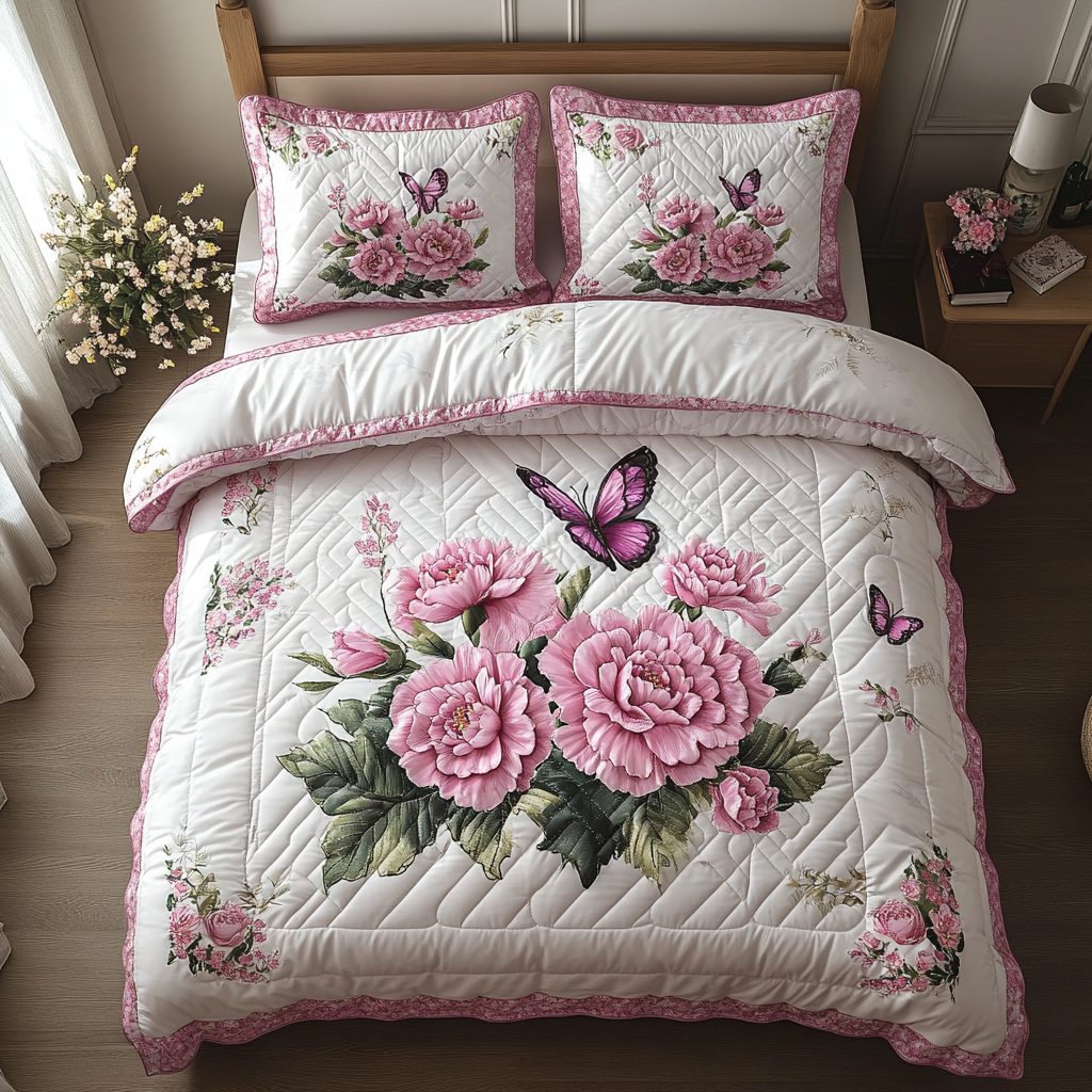 Pink Bliss quilted 3-piece bedding set on a made bed with two matching pillow shams