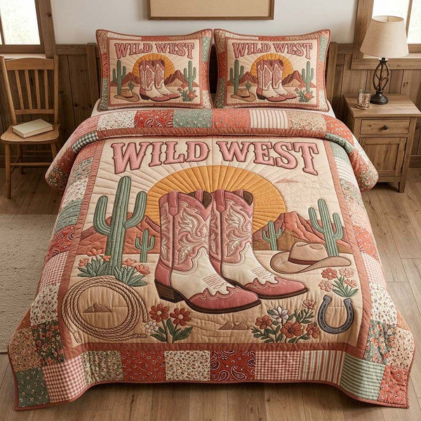 Pink Cowgirl Boots quilted 3-piece bedding set on a made bed in a rustic timber bedroom