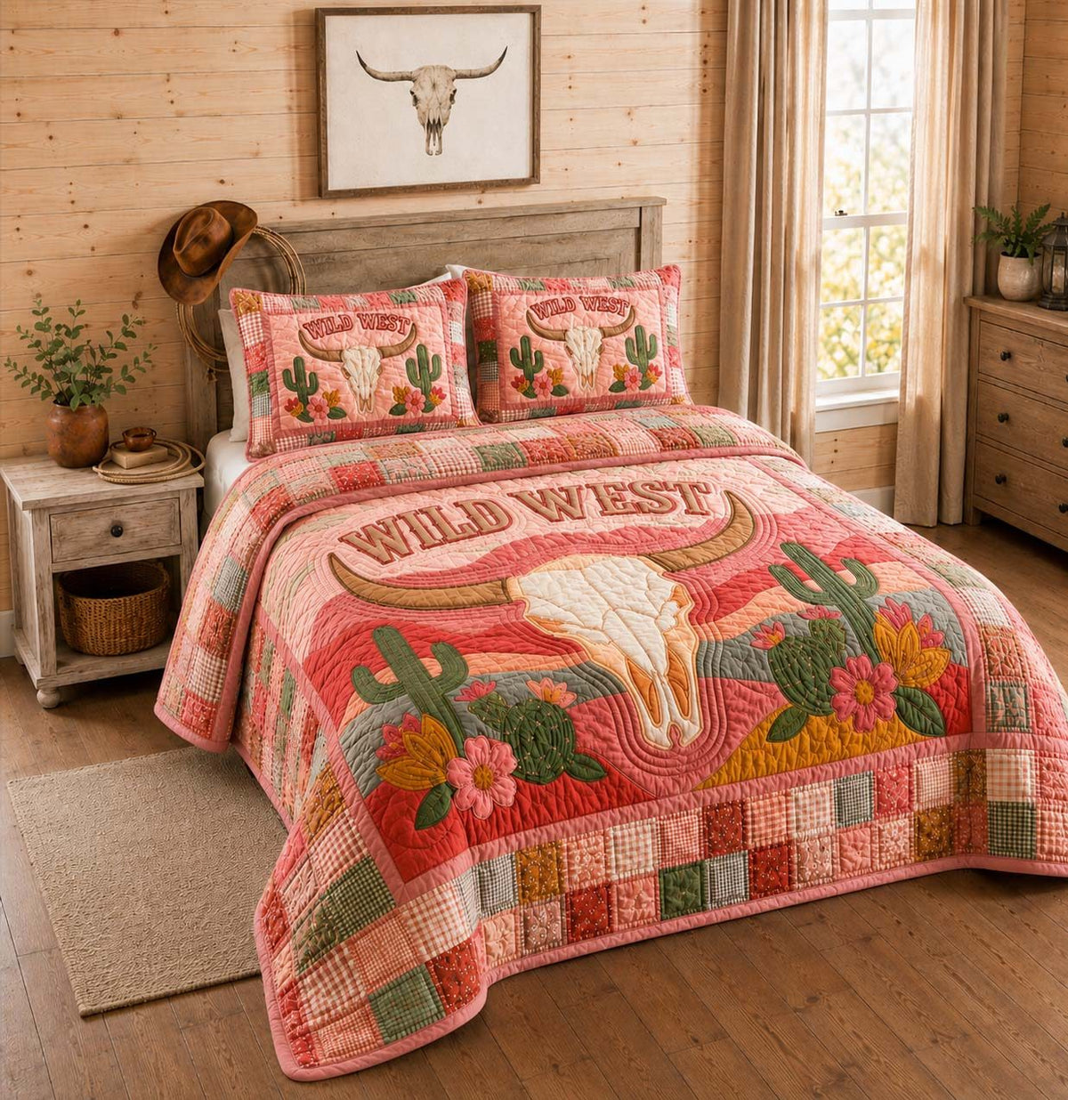 Pink Desert Skull quilted 3-piece bedding set on a made bed against a dark styled interior