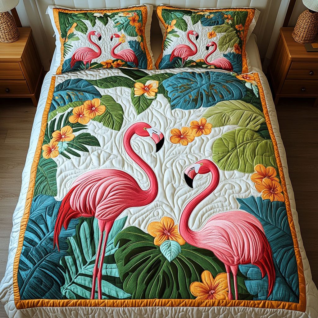 Pink Horizon quilted 3-piece bedding set on a made bed with two matching pillow shams