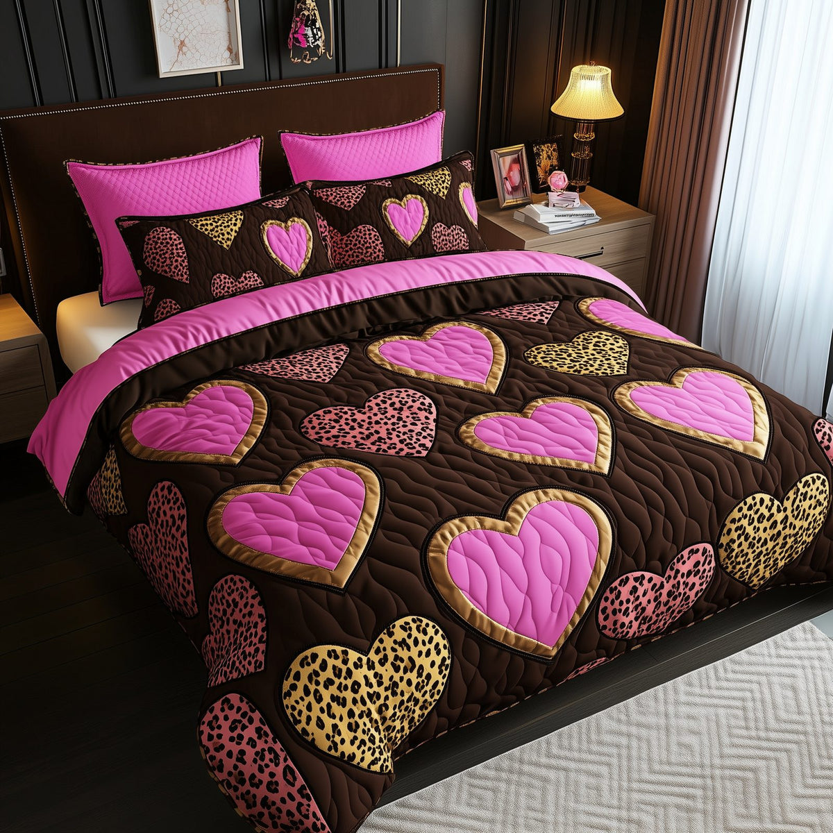 Pink Leopard Heart quilted 3-piece bedding set on a made bed with two matching pillow shams