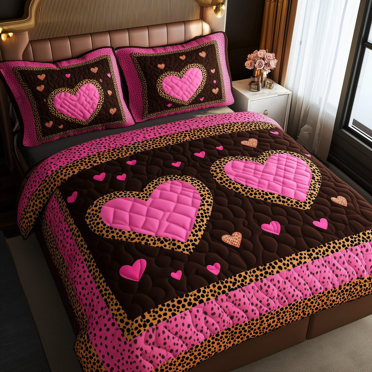 Pink Leopard Heart quilted 3-piece bedding set on a made bed with two matching pillow shams