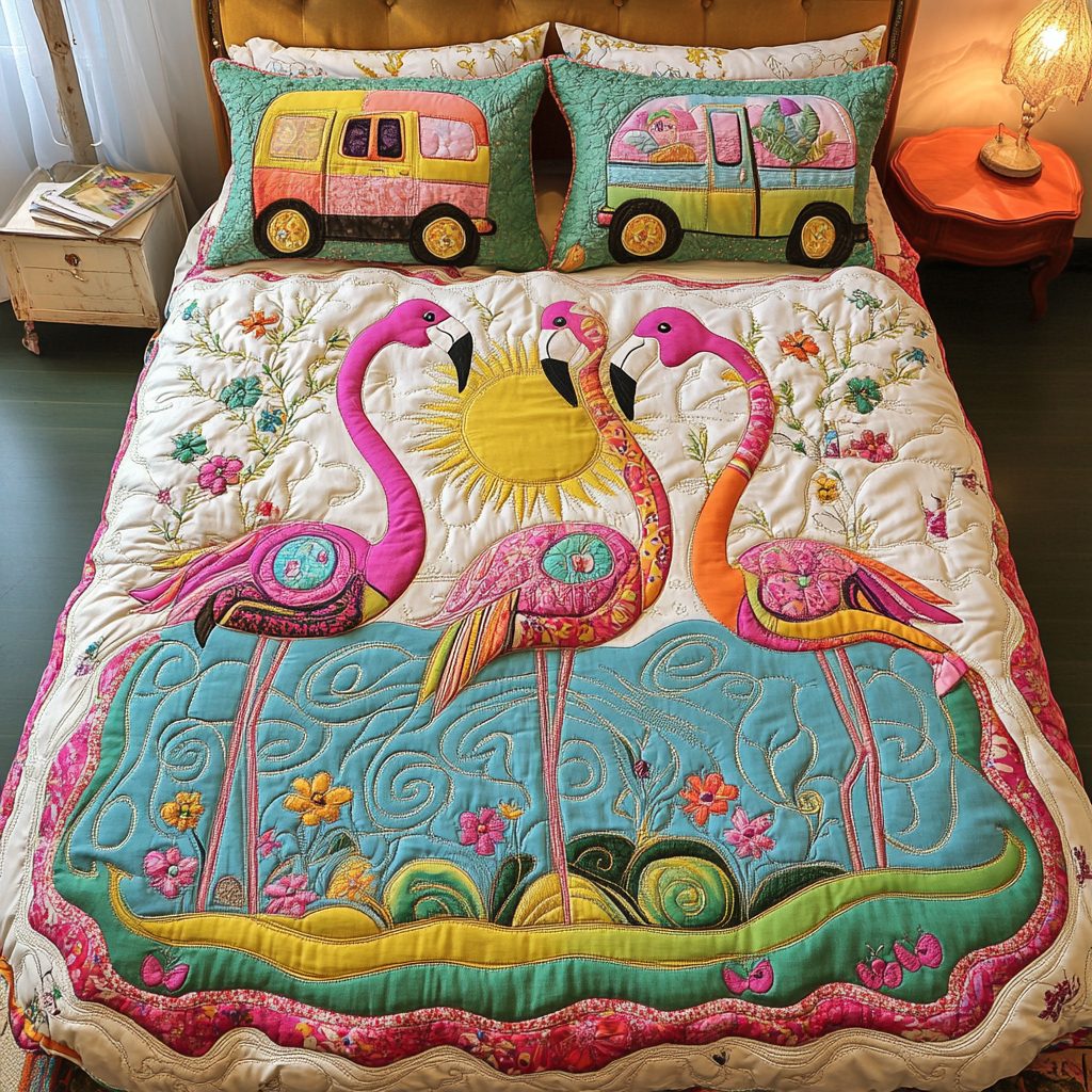 Pink Mirage quilted 3-piece bedding set on a made bed with two matching pillow shams