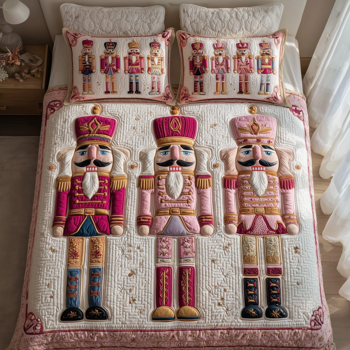 Pink Nutcracker quilted 3-piece bedding set on a made bed in a winter-styled bedroom