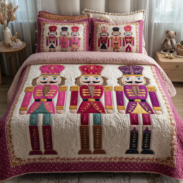 Pink Nutcracker quilted 3-piece bedding set on a made bed in a winter-styled bedroom