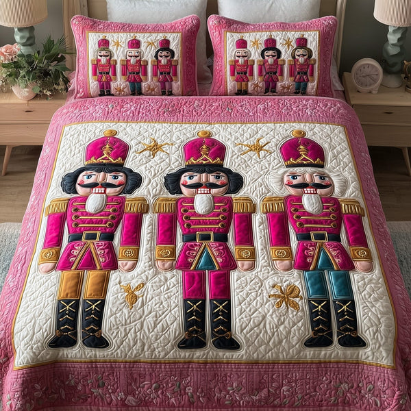 Pink Nutcracker quilted 3-piece bedding set on a made bed in a winter-styled bedroom