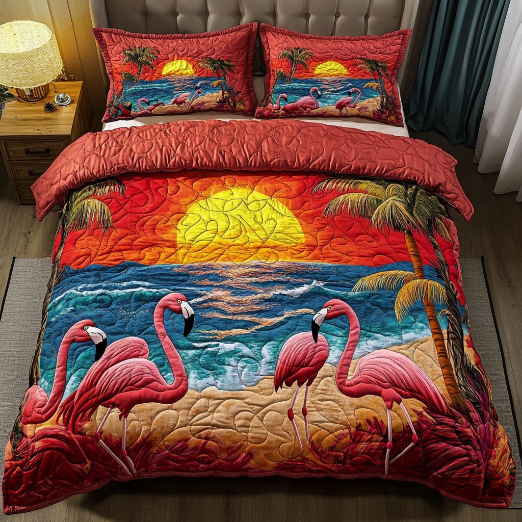 Pink Oasis quilted 3-piece bedding set on a made bed with two matching pillow shams