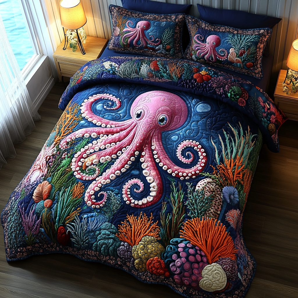 Pink Paradise quilted 3-piece bedding set on a made bed with two matching pillow shams