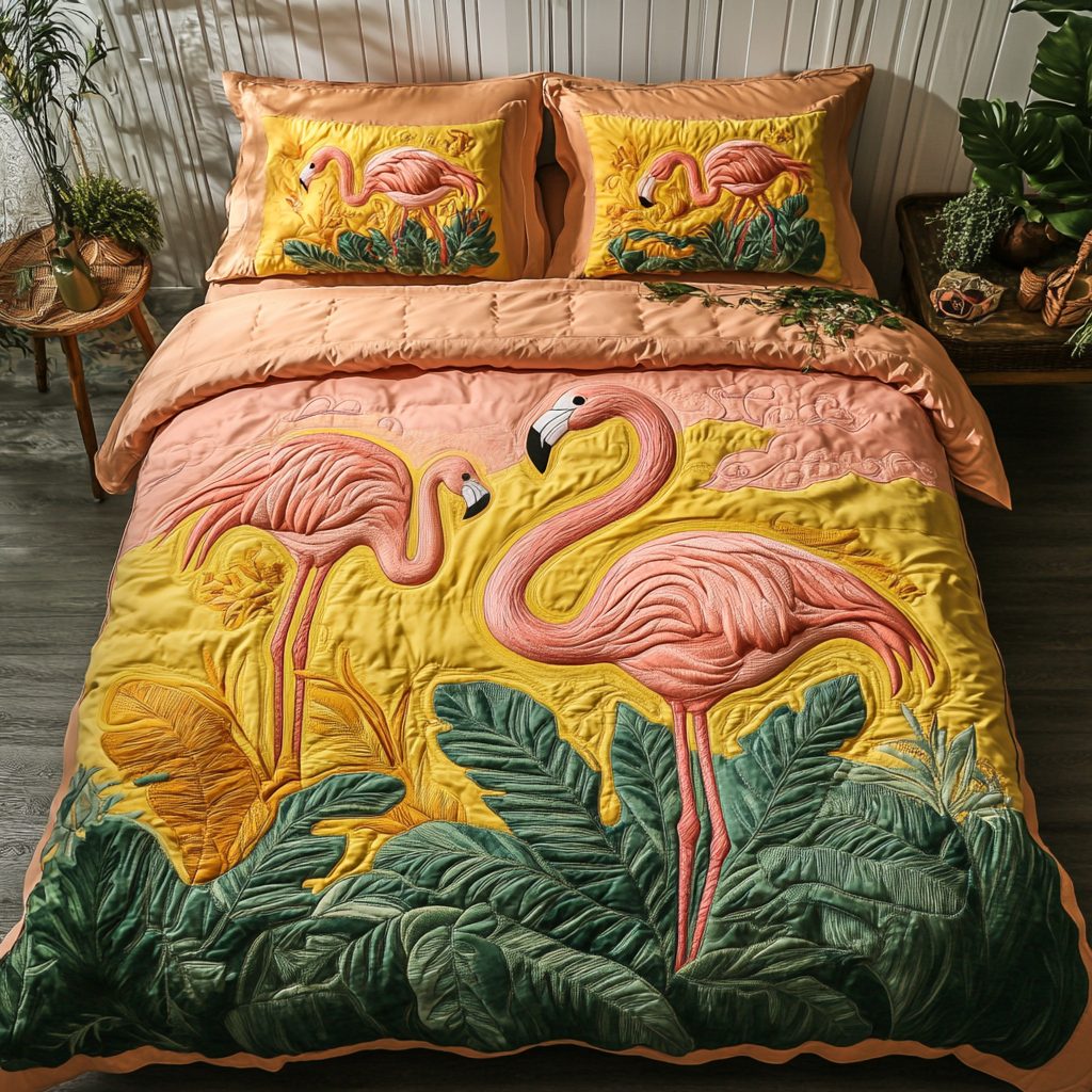 Pink Paradise quilted 3-piece bedding set on a made bed with two matching pillow shams