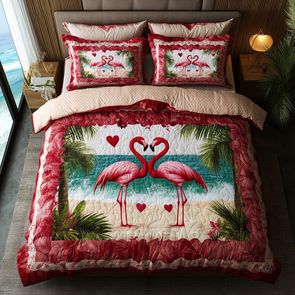 Pink Perfect Pair quilted 3-piece bedding set on a made bed with two matching pillow shams