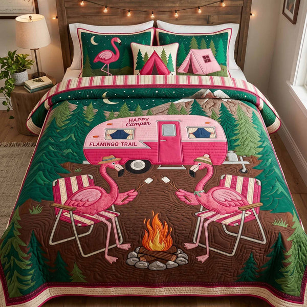 Pink Retreat quilted 3-piece bedding set on a made bed with two matching pillow shams