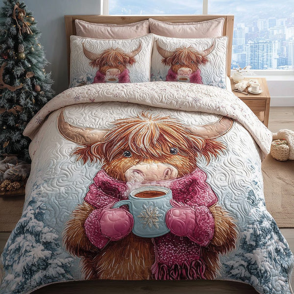 Pink Scarf Highland Cow Bliss quilted 3-piece bedding set on a made bed with two matching pillow shams