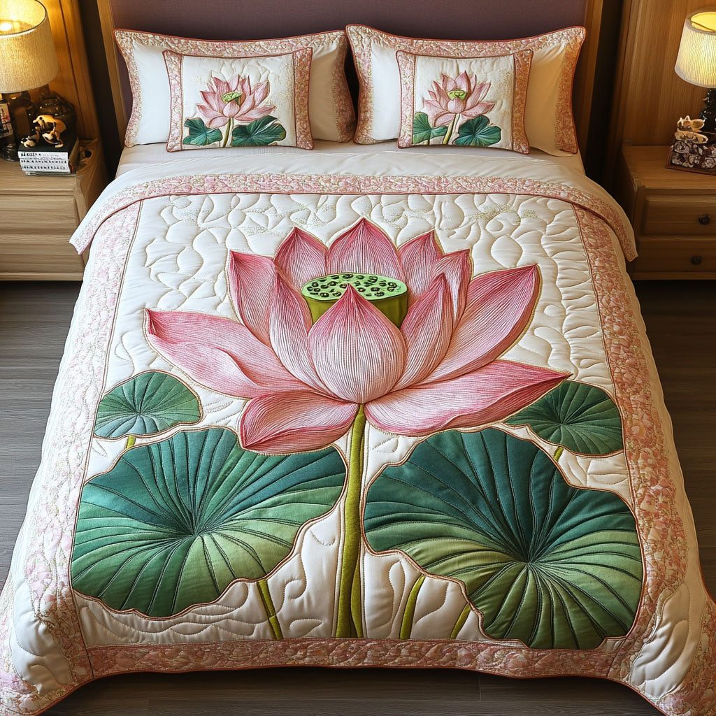 Pink Serenity quilted 3-piece bedding set on a made bed with two matching pillow shams