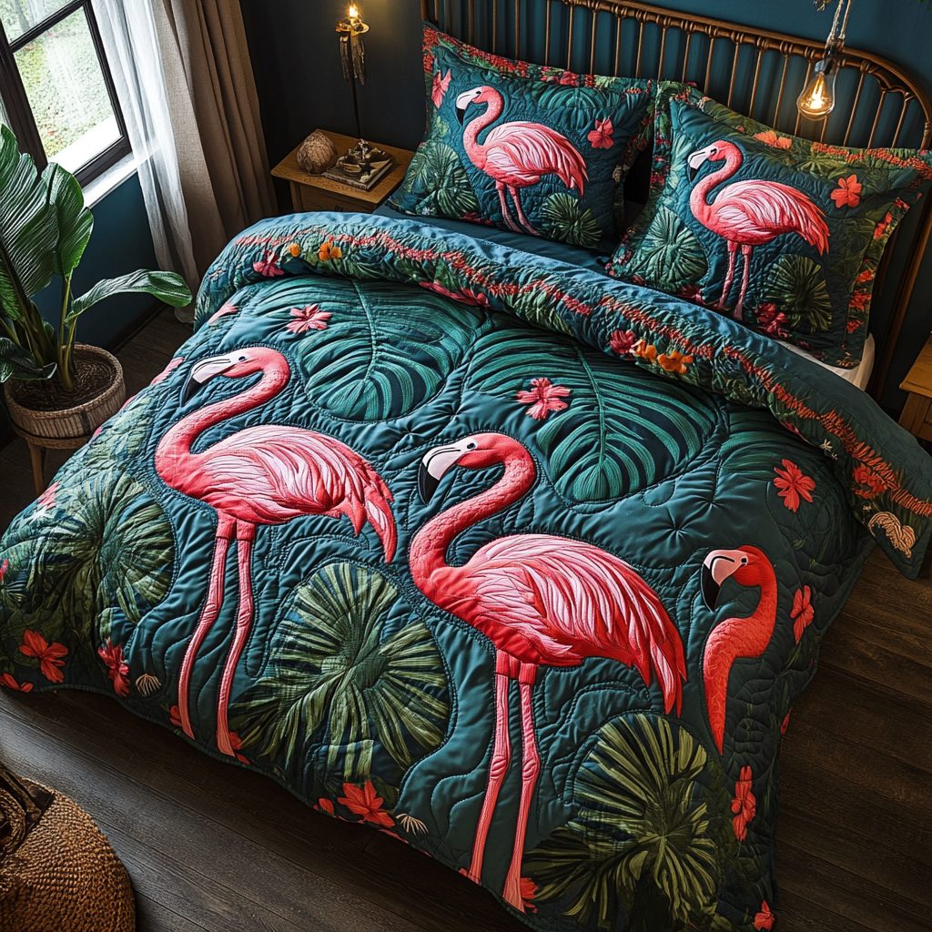 Pink Sunset quilted 3-piece bedding set on a made bed with two matching pillow shams