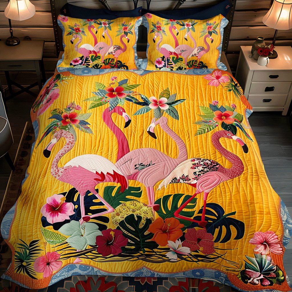 Pink Sunset quilted 3-piece bedding set on a made bed with two matching pillow shams