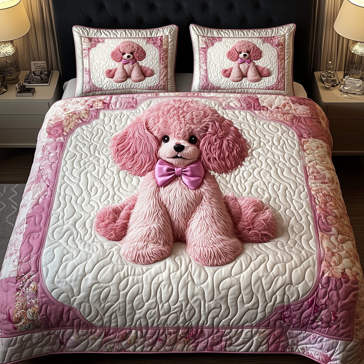 Pinky Adorable Poodle quilted 3-piece bedding set on a made bed with two matching pillow shams