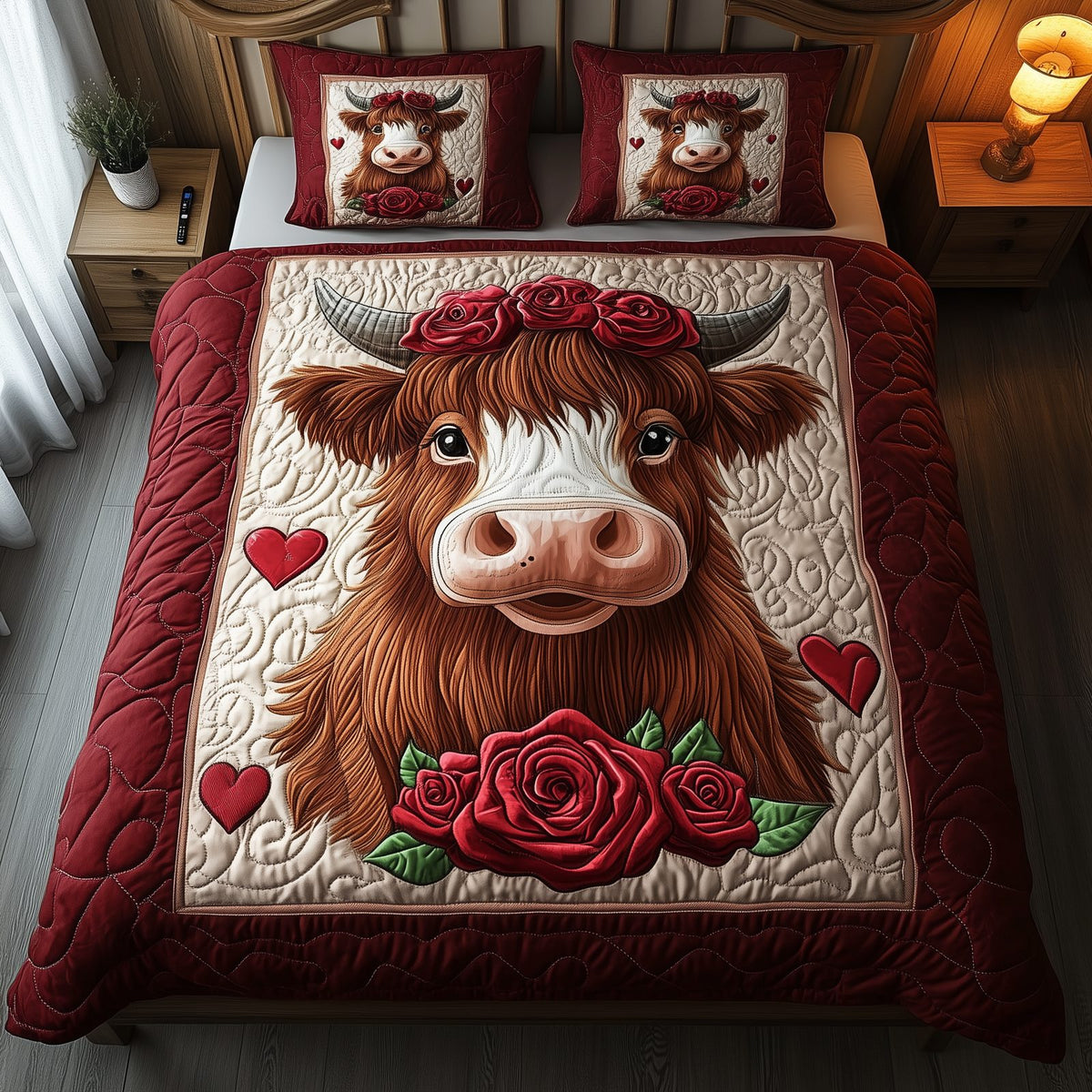 Pinky Highland Cow quilted 3-piece bedding set on a made bed with two matching pillow shams