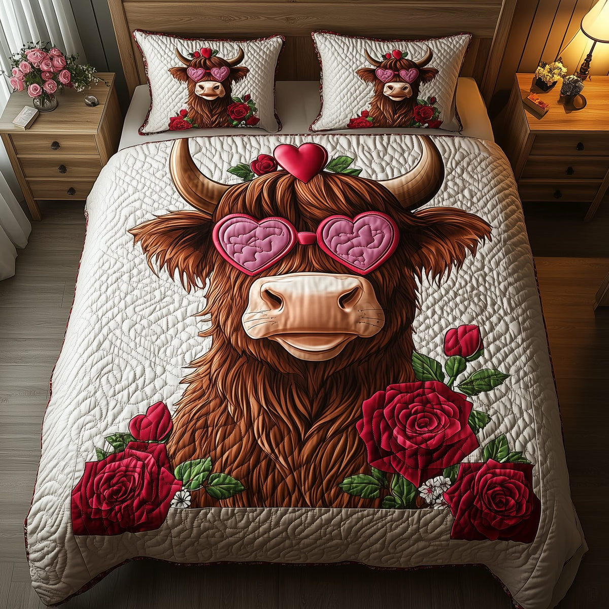 Pinky Highland Cow quilted 3-piece bedding set on a made bed with two matching pillow shams